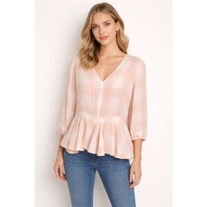 New Soho NY & Co Peplum Blouse Top XL Peach Plaid